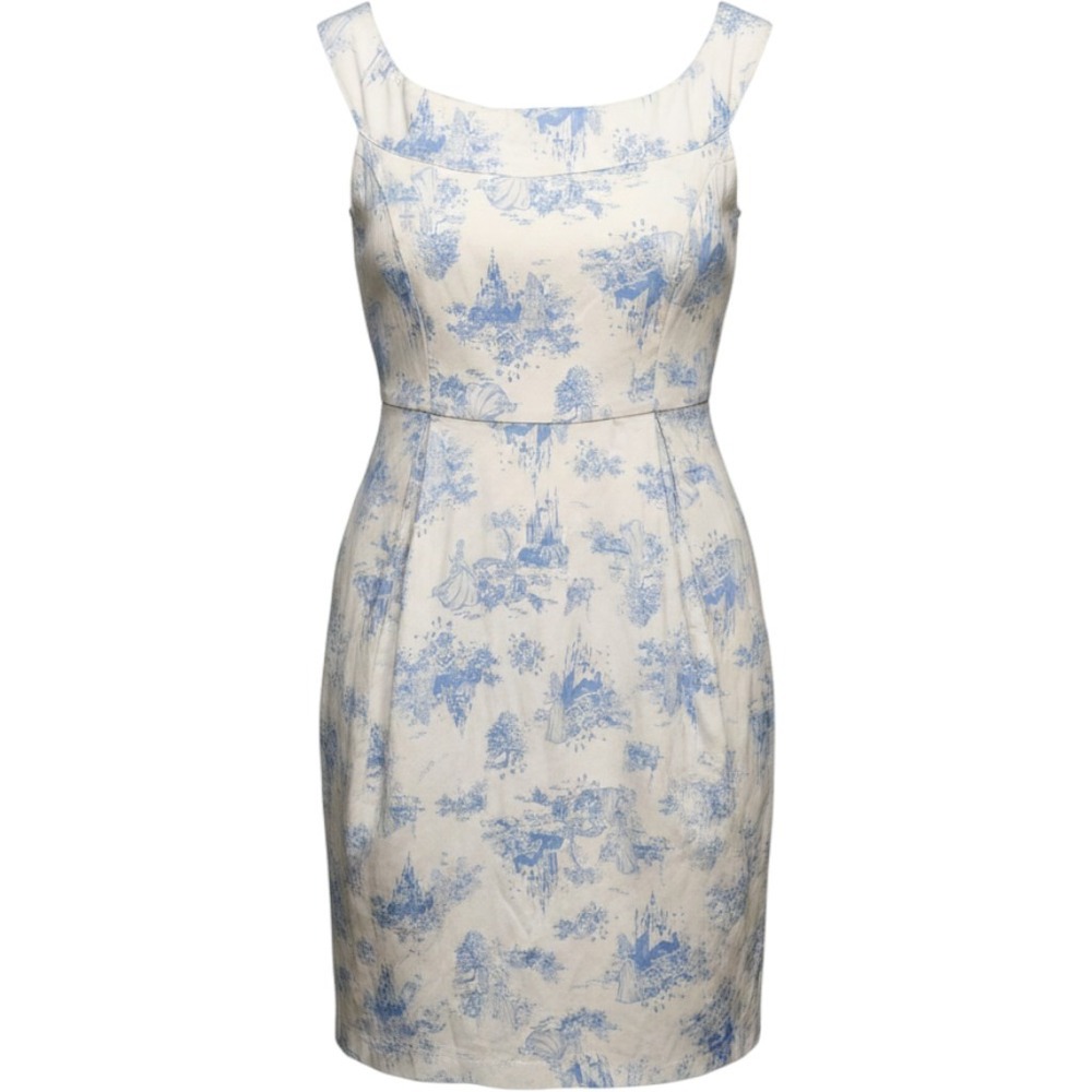 Disney Cinderella Toile de Jouy Fit and Flare Dress Blue White Whimsical Sz16